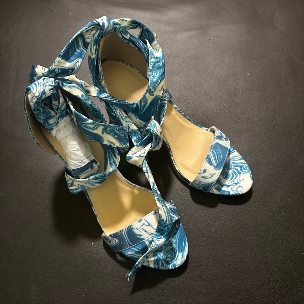 Wild Diva Satin Lace-Up Marble Block Heel Sandals - Picture 6 of 13